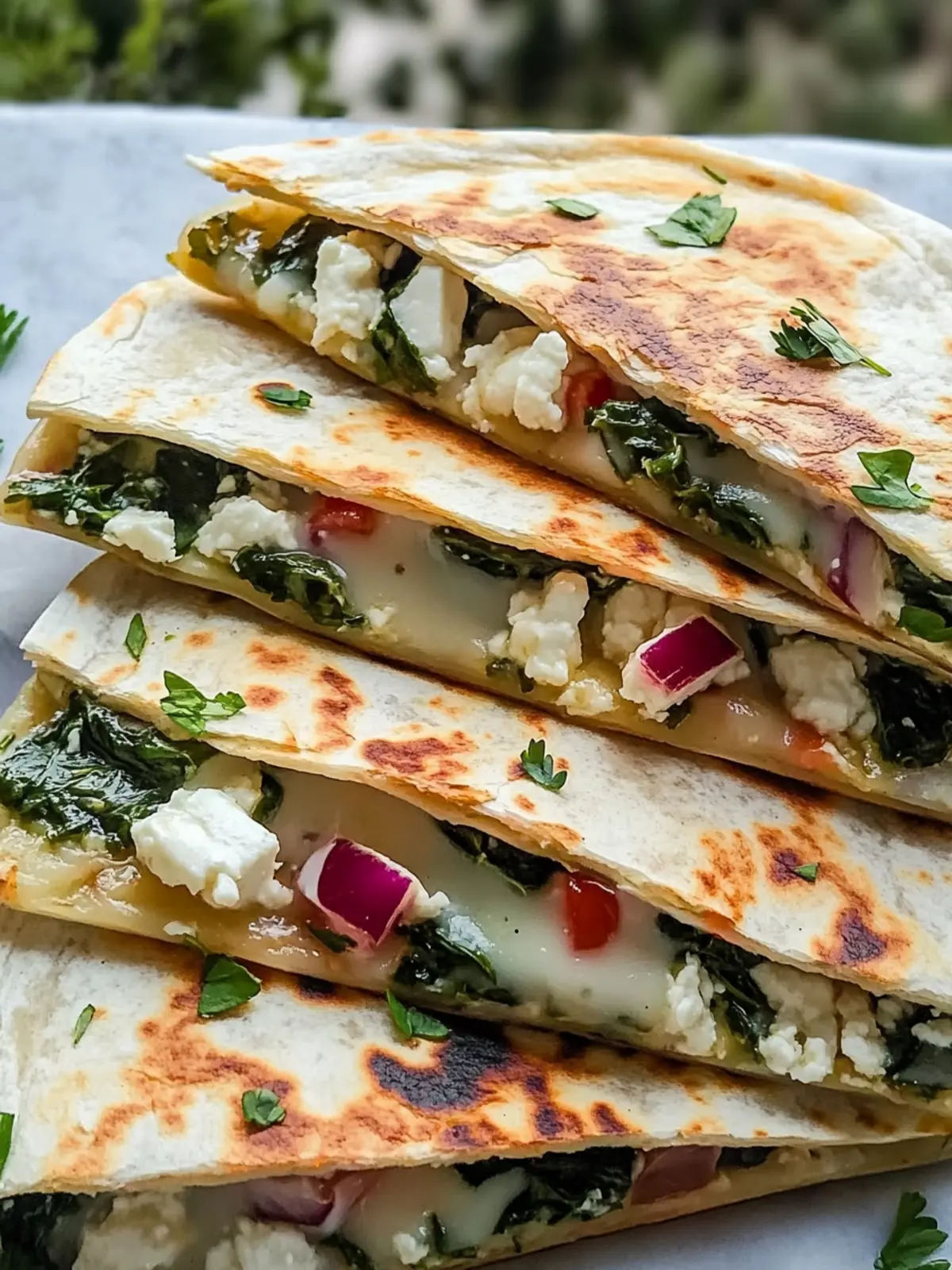 Mediterranean Quesadillas with Spinach, Feta, Mozzarella, and Red Onion