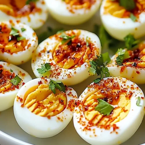 Spicy Chili Garlic Deviled Eggs - Savory Splash