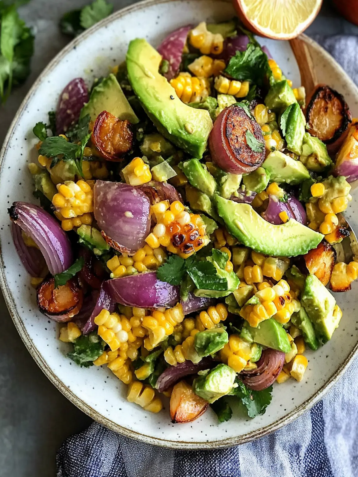 Charred Corn Avocado Salad with Roasted Red Onions