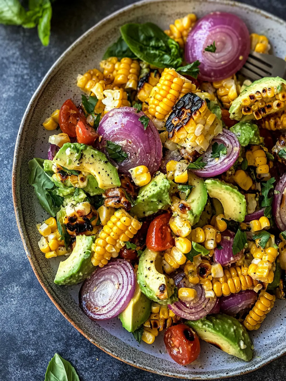 Charred Corn Avocado Salad with Roasted Red Onions