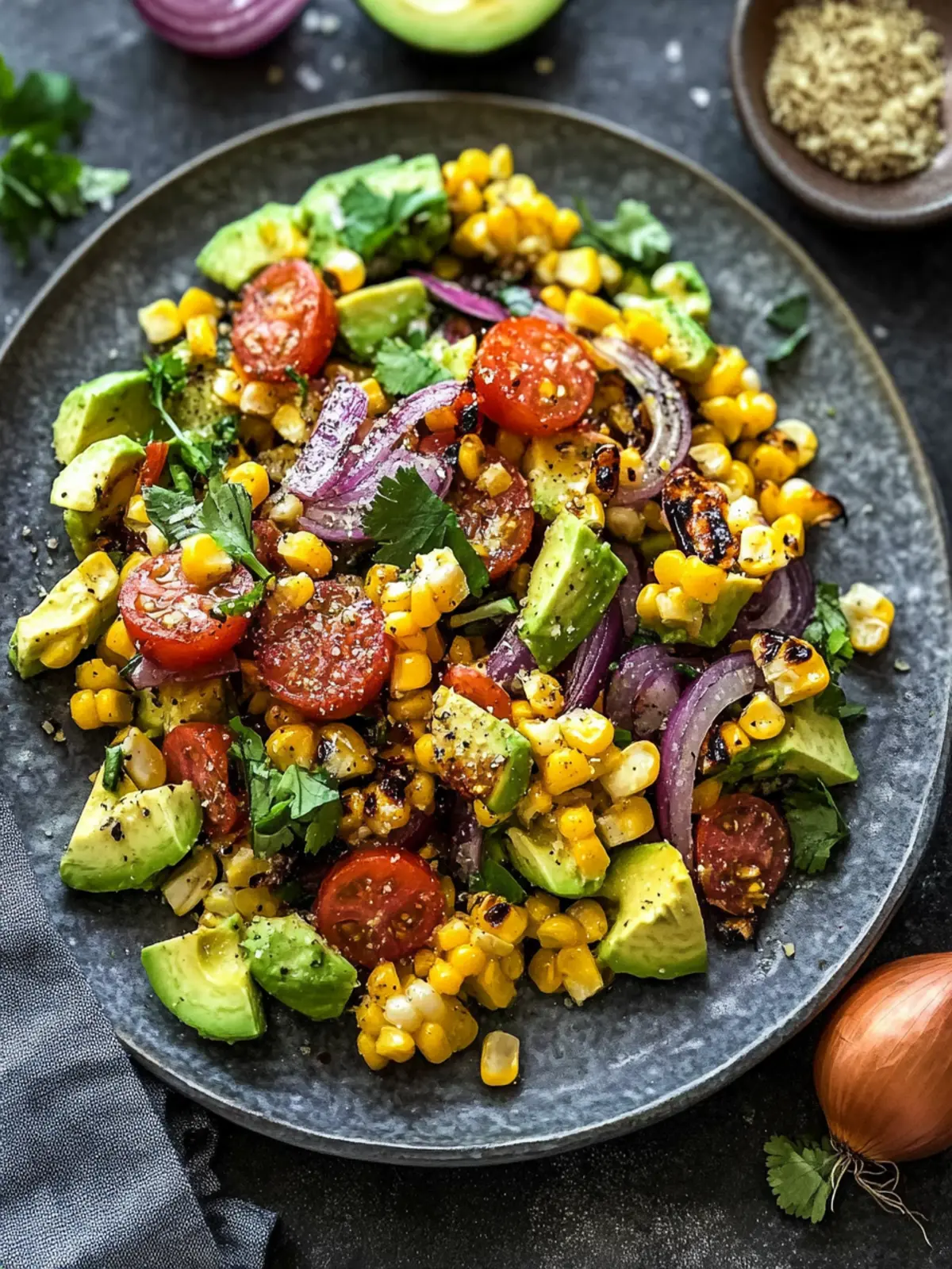 Charred Corn Avocado Salad with Roasted Red Onions